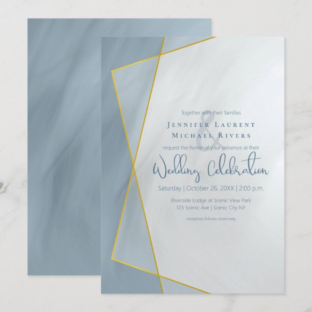 dusty blue geometric typography wedding invitation (Front/Back)
