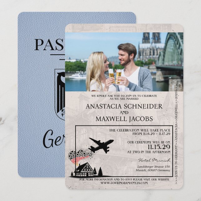 Dusty Blue Germany Passport Wedding Invitation (Front/Back)