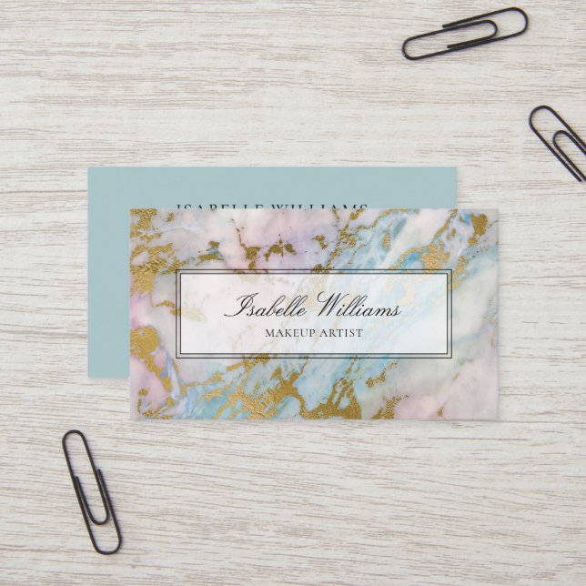 Dusty Blue Gilded Gold Rainbow Marble Agate Business Card (Front/Back In Situ)