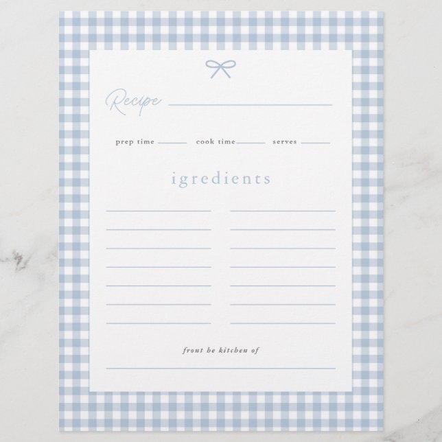 Dusty Blue Gingham Baby Shower Recipe Card (Front)