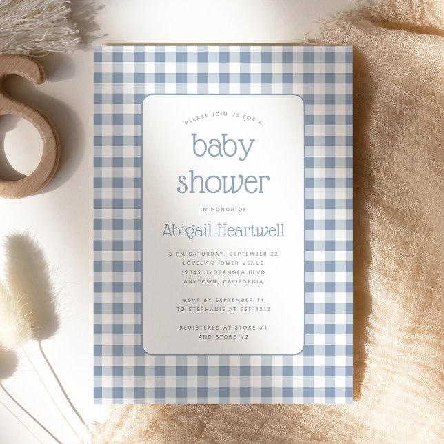 Dusty Blue Gingham Check Baby Shower Invitation (Creator Uploaded)