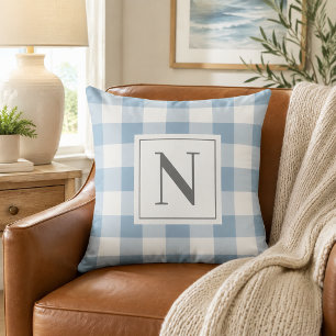 Dusty Blue Gingham Check Monogram Initial Cushion