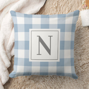 Dusty Blue Gingham Check Monogram Initial Cushion