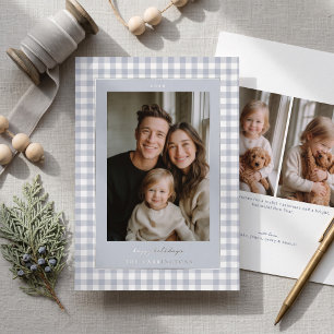 Dusty Blue Gingham Photo Foil Holiday Card