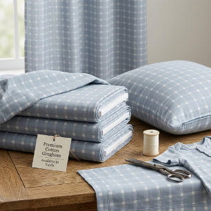 Dusty Blue Gingham Plaid Medium Scale Cotton Twill Fabric