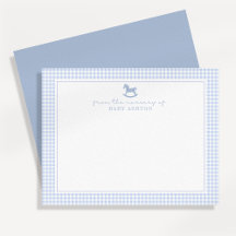 Dusty Blue Gingham Rocking Horse  Boy nursery card