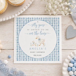 Dusty Blue Gingham Silly Goose Boy Baby Shower Napkin