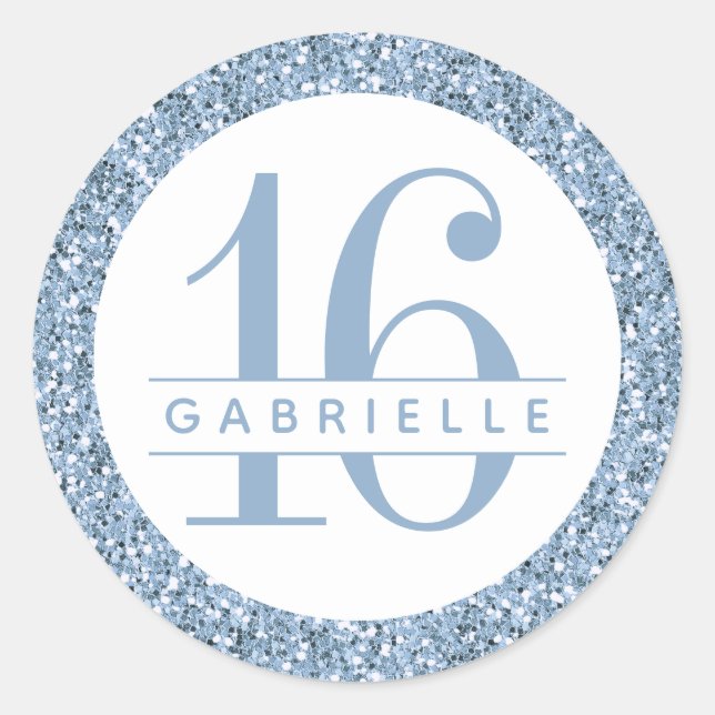 Dusty Blue Glitter Birthday Favour Sticker Label (Front)
