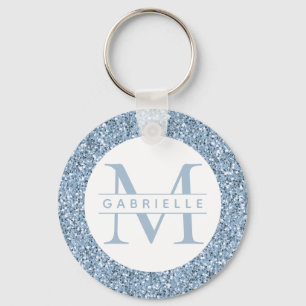 Dusty Blue Glitter Custom Name Monogram Keychain