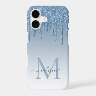 Dusty Blue Glitter Drips Sparkle Monogram Script