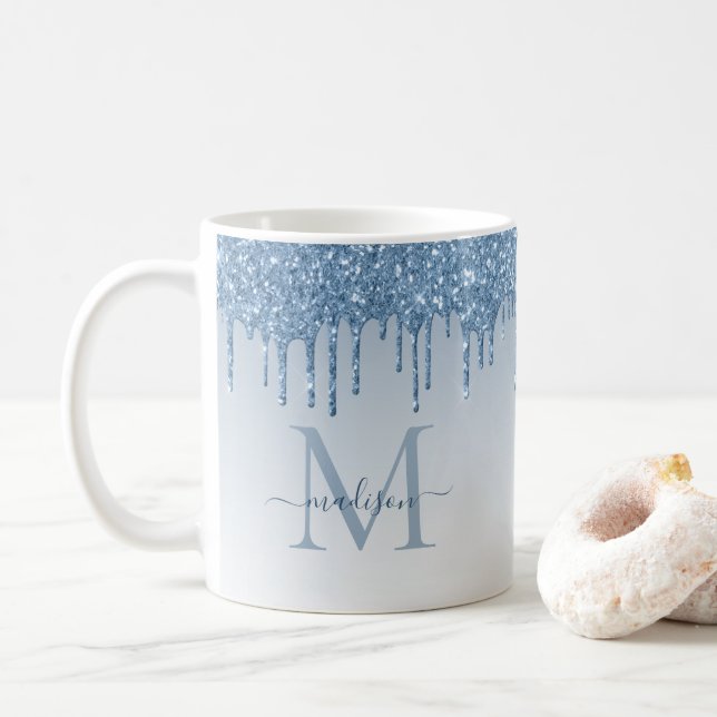 Dusty Blue Glitter Drips Sparkle Monogram Script Coffee Mug (With Donut)