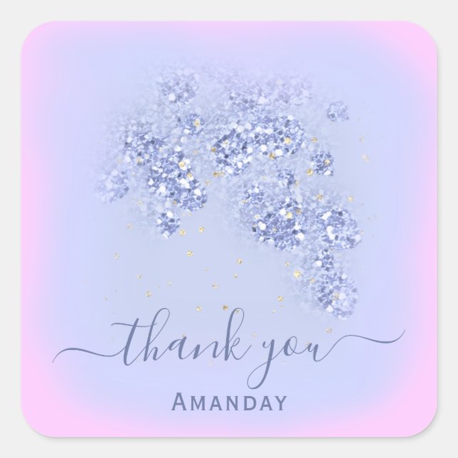 Dusty Blue  Glitter Floral Confetti Favour Pink Square Sticker (Front)