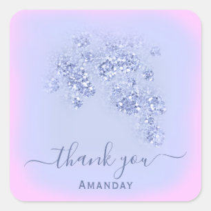 Dusty Blue Glitter Floral Sweet 16th Favour Pink Square Sticker