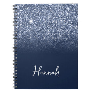 Dusty Blue Glitter Navy Ombre Script Name Notebook