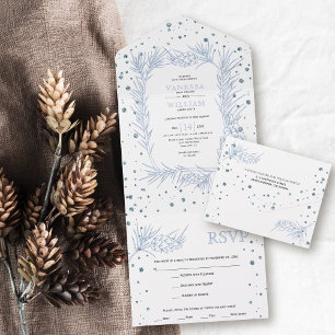Dusty blue glitter pine, confetti winter wedding a all in one invitation