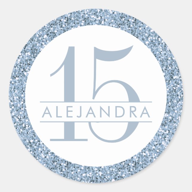 Dusty Blue Glitter Quince Años Favour Sticker Labe (Front)