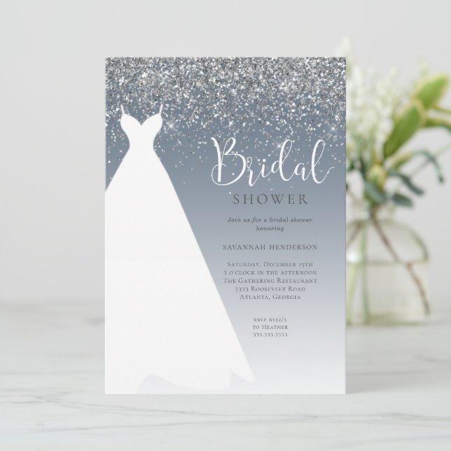 Dusty Blue Glitter Wedding Dress Bridal Shower Invitation (Standing Front)