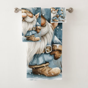 Dusty Blue Gnome and Christmas Trees Bath Towel Set