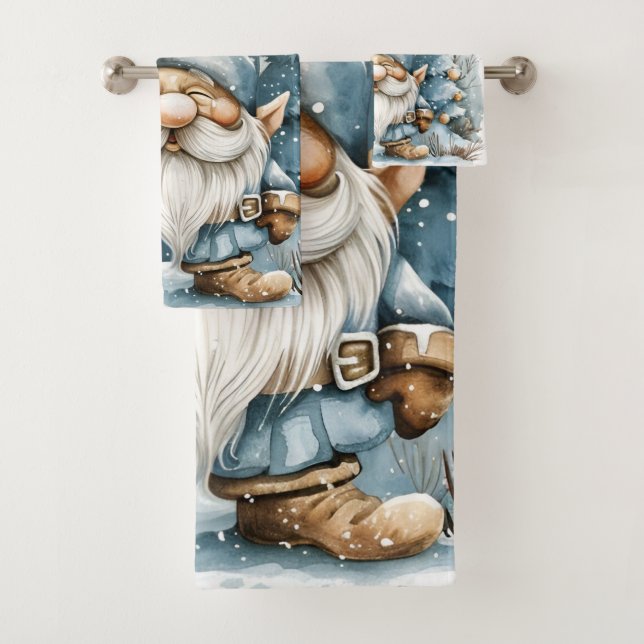 Dusty Blue Gnome and Christmas Trees Bath Towel Set (Insitu)