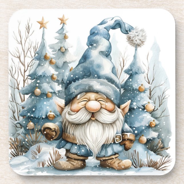 Dusty Blue Gnome and Christmas Trees Coaster (Front)