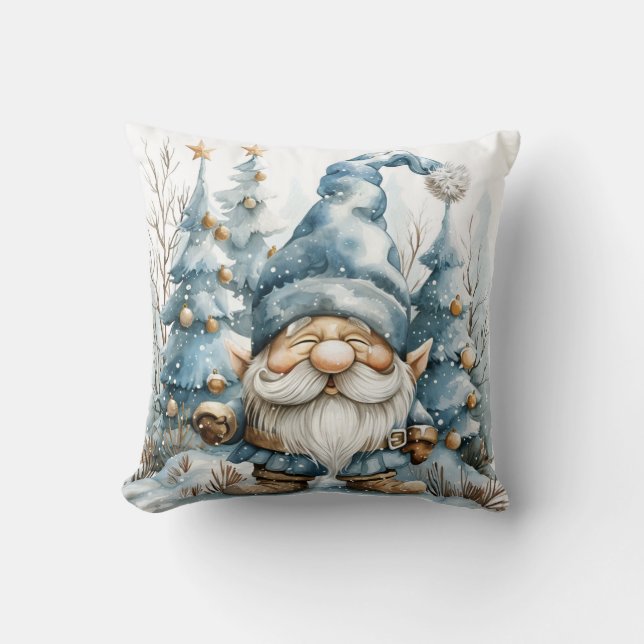 Dusty Blue Gnome and Christmas Trees Cushion (Front)