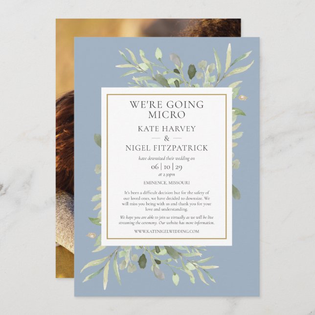 Dusty Blue Going Micro Downsized Photo Wedding Invitation (Front/Back)