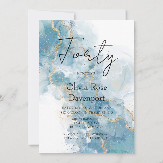 Dusty Blue & Gold Alcohol Ink 40th Birthday Party Invitation (Front)