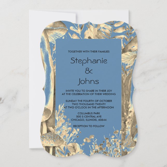 Dusty Blue Gold Artistic Mushroom Woodland Wedding Invitation (Front)