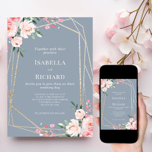 Dusty Blue Gold Blush Pink Floral Wedding Invitation