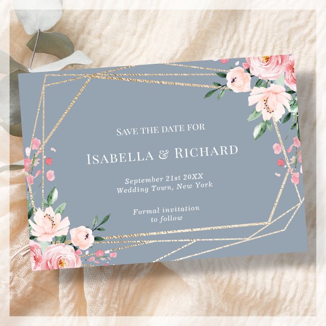 Dusty Blue | Gold | Blush Pink Floral Wedding  Save The Date (Creator Uploaded)