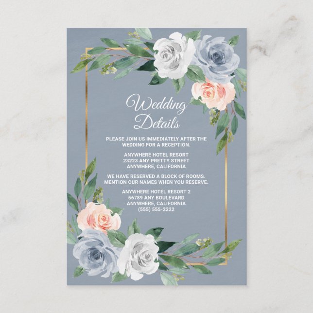 Dusty Blue Gold Blush Pink Peach Elegant Wedding Enclosure Card (Front)