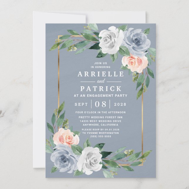 Dusty Blue Gold Blush Pink Peach Engagement Party Invitation (Front)