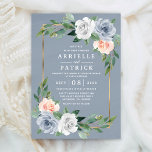 Dusty Blue Gold Blush Pink Peach Floral Wedding Invitation<br><div class="desc">Dusty Blue Gold Blush Pink Peach Floral Wedding Invitations - design features a watercolor dusty blue background with a printed gold frame trimmed in eucalyptus and greenery with floral elements in gray/white,  dusty blue and blush pink/peach.  View the collection on this page to find matching products.</div>