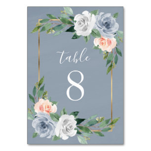 Dusty Blue Gold Blush Pink Peach Floral Wedding Table Number