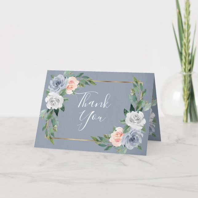 Dusty Blue Gold Blush Pink Peach Floral Wedding Thank You Card (Front)