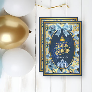 Dusty Blue Gold Bow Floral Script Birthday Card