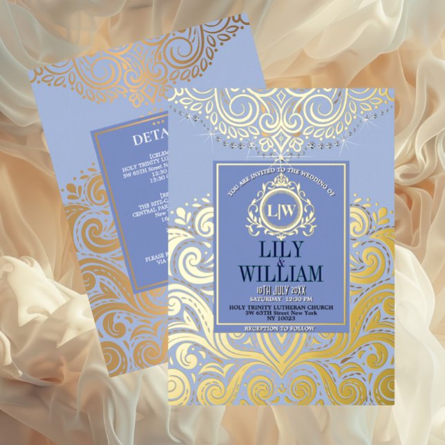 Dusty Blue Gold Classic Monogram Boho Wedding (Luxurious Elegant Classic Boho Wedding Invitation - Real Foil and Monogram)