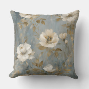 Dusty Blue Gold Cream Vintage Floral Cushion