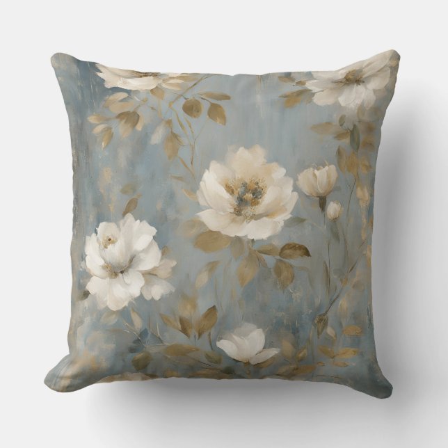 Dusty Blue Gold Cream Vintage Floral Cushion (Front)