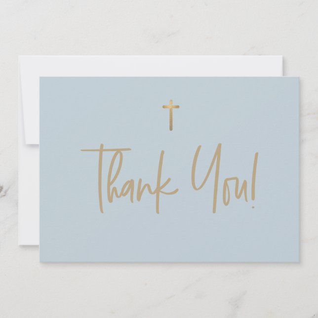 Dusty Blue Gold Cross Boy name First communion Thank You Card (Front)