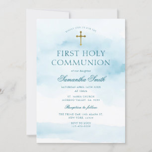 Dusty Blue Gold Cross First Holy Communion Invitation