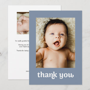 Dusty blue Gold cross Modern 2 Baby Photos Baptism Thank You Card