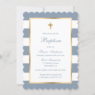 Dusty Blue Gold Cross Stars Striped Baptism Invitation