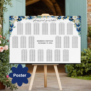 Dusty Blue Gold Floral 19 Tables Wedding Seating Poster