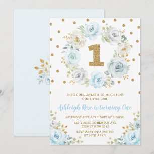 Dusty Blue Gold Floral 1st Birthday Wild One Party Invitation