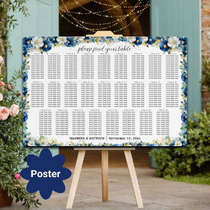 Dusty Blue Gold Floral 26 Tables Wedding Seating Poster
