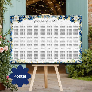 Dusty Blue Gold Floral 30 Tables Wedding Seating  Poster