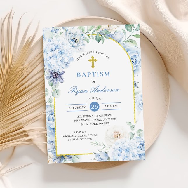 Dusty Blue Gold Floral Baptism Invitation (Creator Uploaded)