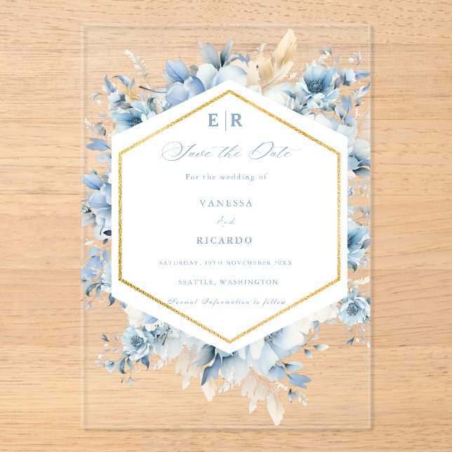 Dusty Blue Gold Floral Bloom all in one Wedding Acrylic Invitations (Front)