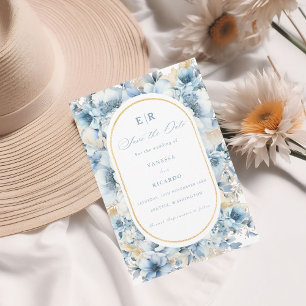 Dusty Blue Gold Floral Bloom all in one Wedding Invitation